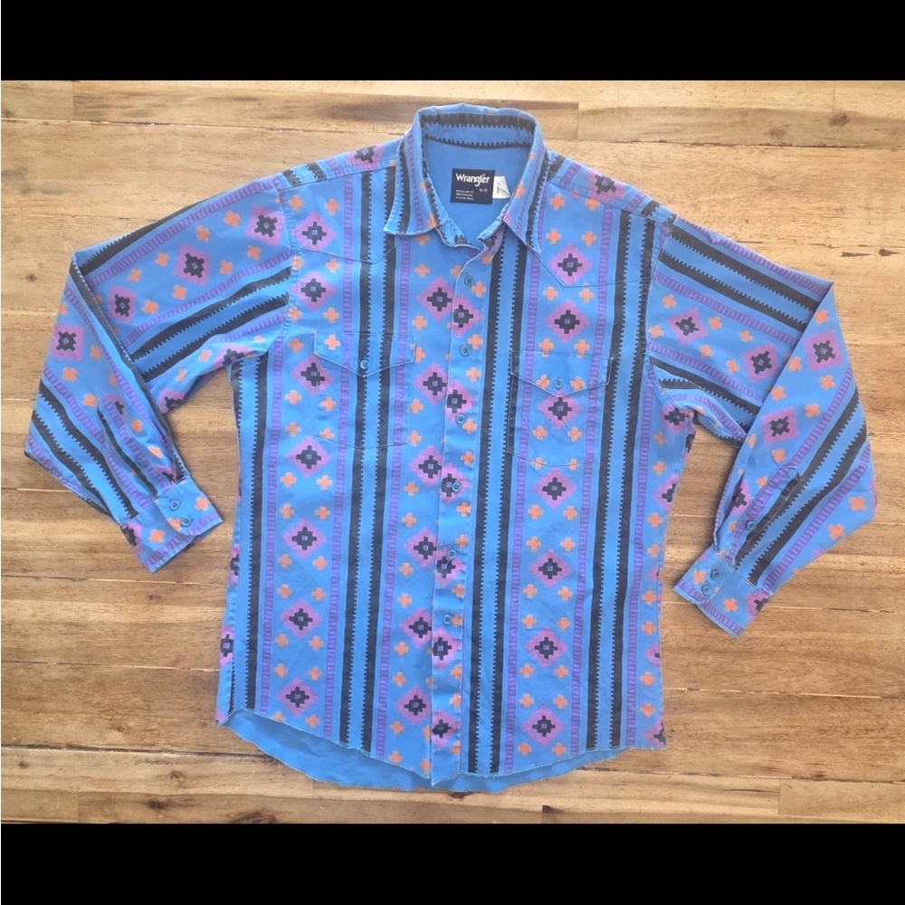 Vtg 80s Wrangler Brushpopper Western Rodeo Cowboy Aztec Blue Shirt Men's L 16-35